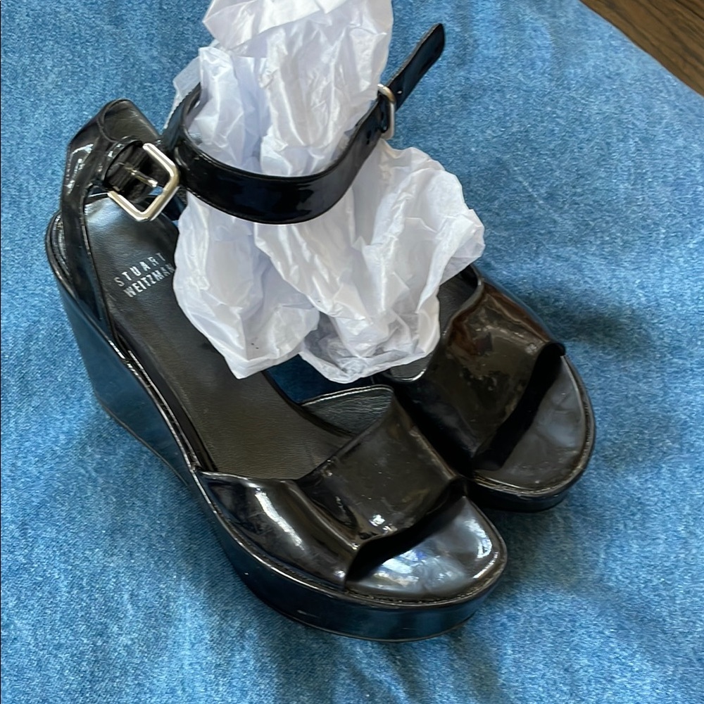 Stuart Weitzman Black Wedge Sandals